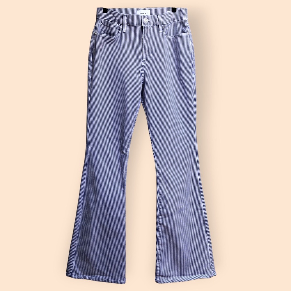 FRAME Le High Flare Jeans Railroad Striped Denim Blue & White Designer Women 29